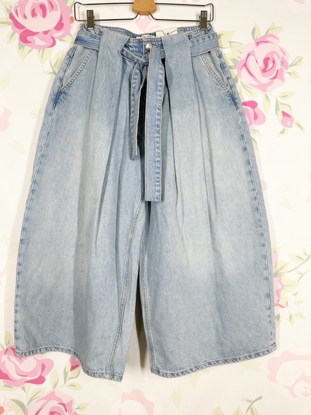 NEW Free People We The Free High Tide Belted Crop Oasis Blue Denim Jeans XS